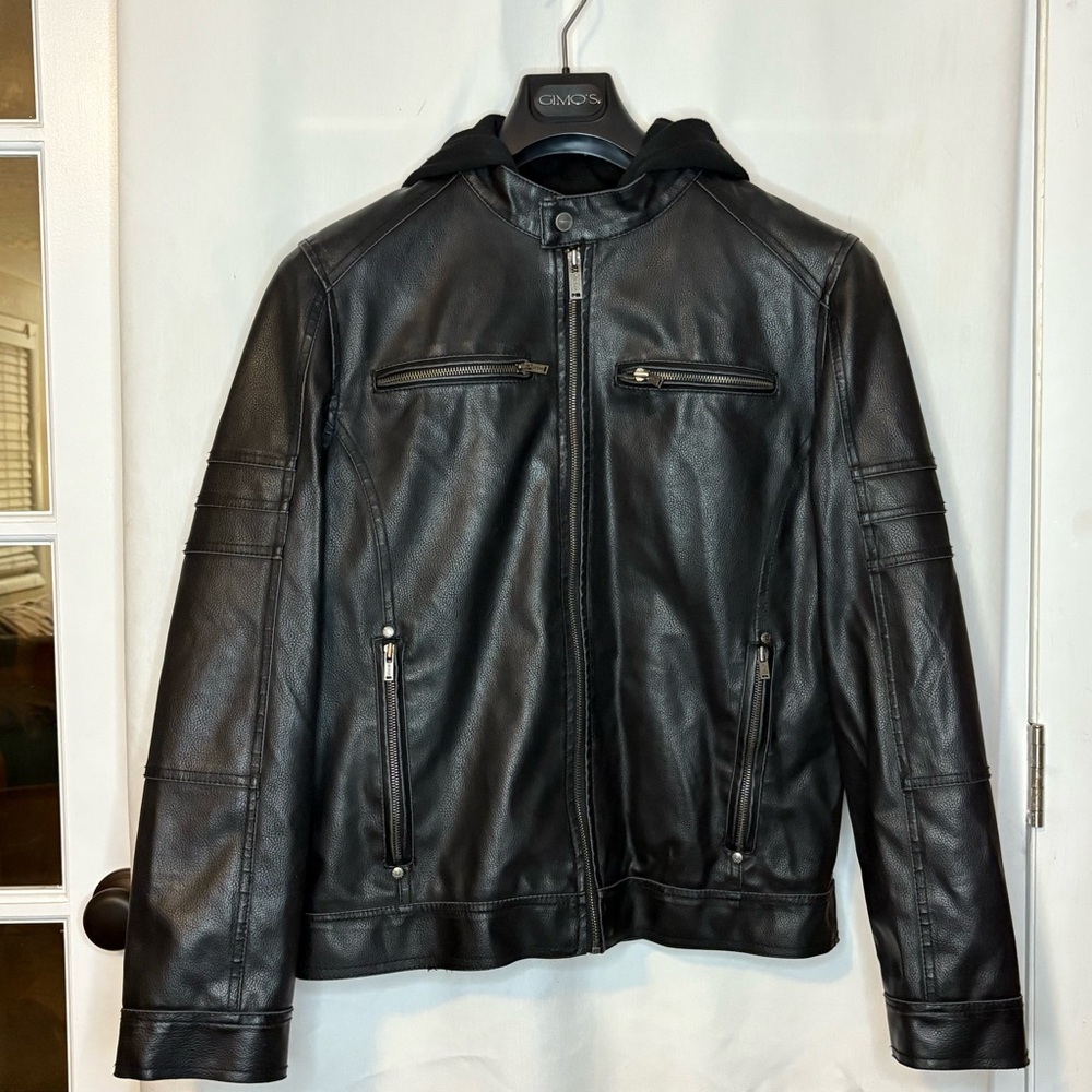 Guess Black Leather Jacket with Hood